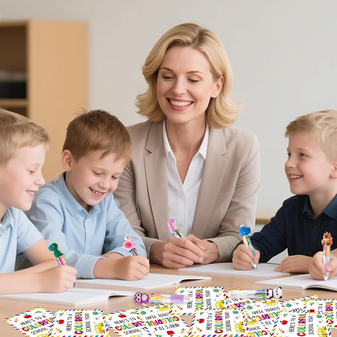 ANGOLIO Back to School Gifts 28 Sets Cute Animals 4 in 1 Multicolor Retractable Ballpoint Pens with Greeting Cards for Students Kids Classroom Office Home Rewards First Day of School Party Supplies