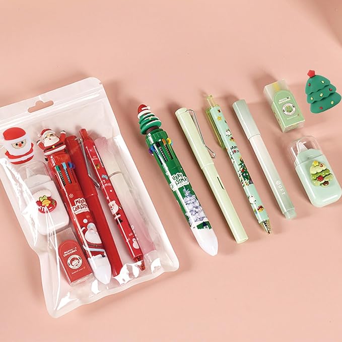 7 Pcs Cute Xmas Stationery Set Kawaii Christmas School Supplies Office Supplies Including Ballpoint Pens Pencil Sharpener Highlighter Correction Tape Eraser (X-mas(Green))