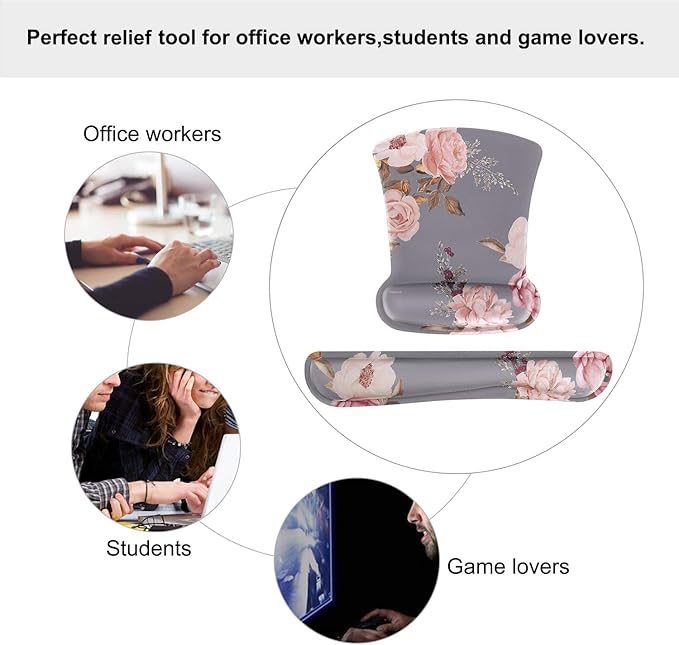 MOSISO Wrist Rest Support for Mouse Pad & Keyboard Set, Peony Ergonomic Mousepad Non-Slip Base Home/Office Pain Relief & Easy Typing Cushion with Neoprene Cloth & Raised Memory Foam, Gray