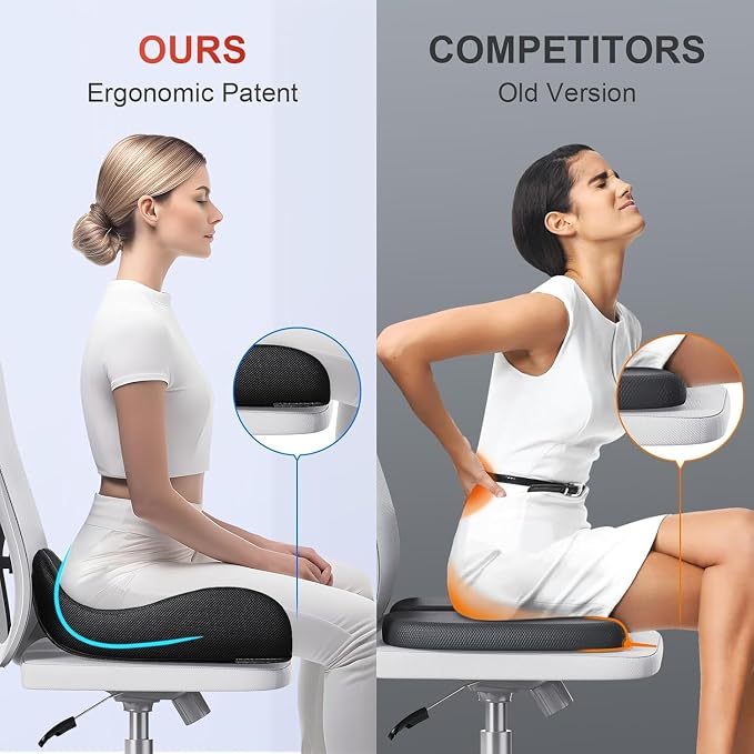 Benazcap XL Ergonomic Seat Cushion Relieves Sciatica & Tailbone Pain | Memory Foam cushion, washable cover & anti-slip base, long-sitting pad for office, gaming and car seats Black