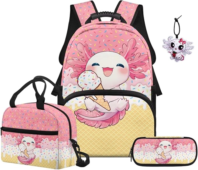 ZFRXIGN Ice Cream Axolotl Kids Backpack for Girls Bookbag with Cute Pendant 17inch Elementary School Bag and Insulated Lunch Box Portable Pencil Case Pink