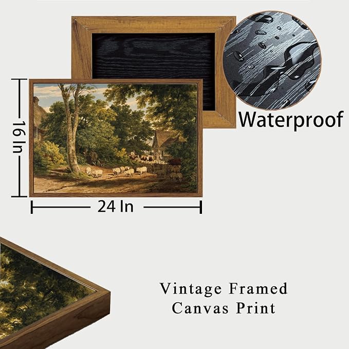 OIQArtOIQ Vintage Framed Wall Art Rural Farm Scene Canvas Art Prints Countryside Landscape Pictures Wall Decor Modern Rustic Farmhouse Paintings Artwork For Bedroom Bathroom Office Living Room