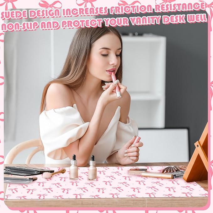 FYSUIMU Coquette Bow Makeup Mat Dual-Sided Leather Desk Pad Waterproof Pink Bow Makeup Table Cover for Vanity Top Protector Countertop Decor, 15.7 x 31.5 in