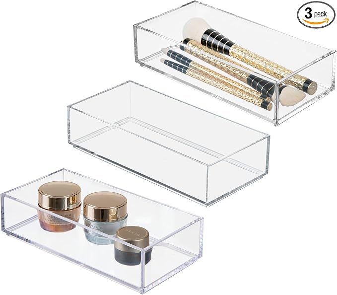 iDesign Stackable Makeup Drawer Organizer, Set of 3, Clear | Vanity Organizer, Desk Organizer