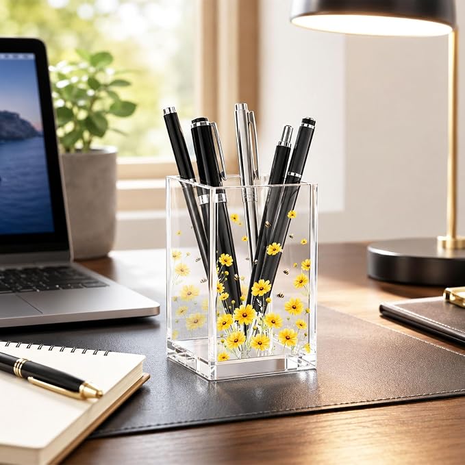 Sunflower Acrylic Pen Holder Cup, Farmhouse Aesthetic Desk Decor, Floral Pattern Pencil Holder Organizer, Office Accessories, Gift for Women