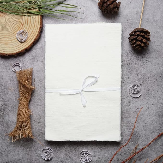 50 Sheets - Rough/Textured Watercolor Paper - 8 X6 inches(150GSM) - Handmade/Deckle Edge Paper Made from Virgin Egyptian Cotton - White by Leather Village