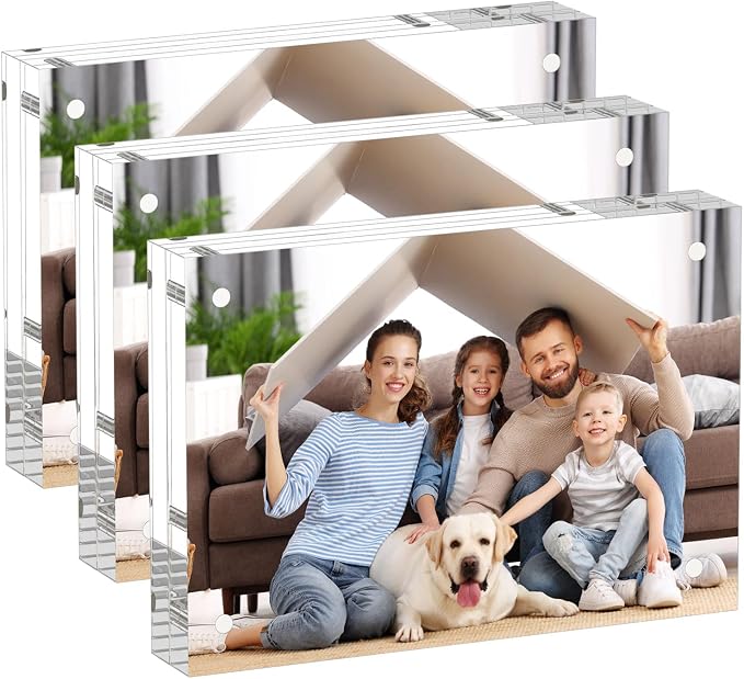 AITEE 3.5x5 Acrylic Picture Frames 3 Pack, Clear Picture Frames，20% Thicker | Freestanding Double Sided Magnetic Acrylic Lucite Frameless Transparent Square Frame Block Gift for Desktop Display