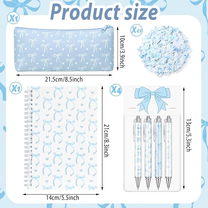 Sayglossy Blue Bow Stationery Gift Coquette School Supplies Set Include Pens Aesthetic Journal Notebook Pencil Case and Stickers Preppy Back to School Supplies for Girl Students