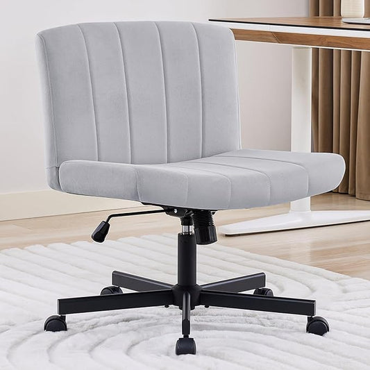 LukkDys Criss Cross Chair with Wheels, Wide Cross Legged Desk Chair, Comfy Fabric Vanity Chair for Home Office Bedroom, Adjustable Armless Swivel Task Chair with 90–115° Tilt, Gray