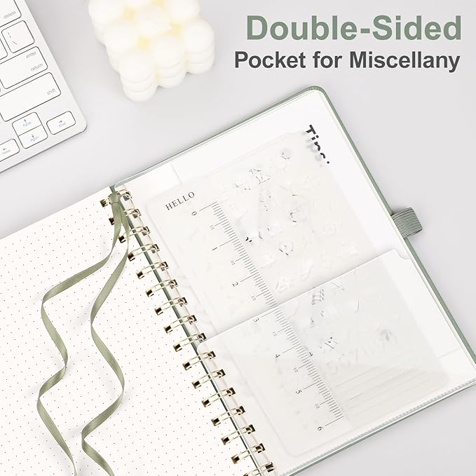 AHGXG Dotted Journal Spiral Notebook, Hardcover Leather Dotted Notebook 140 Pages, A5 Dot Grid Paper Notebook, 100 gsm Thick Paper, for Dotted Journaling, 5.7" x 8.3", Light Green