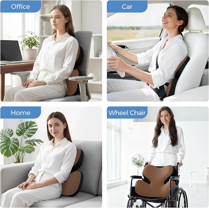 BEBAS Lumbar Support Pillow for Car, Ergonomic Memory Foam Back Cushion for Driving, Lower Back Support for Pain Relief, Lumbar Cushion for Car Seats, Office Chairs, Wheelchairs - Coffee