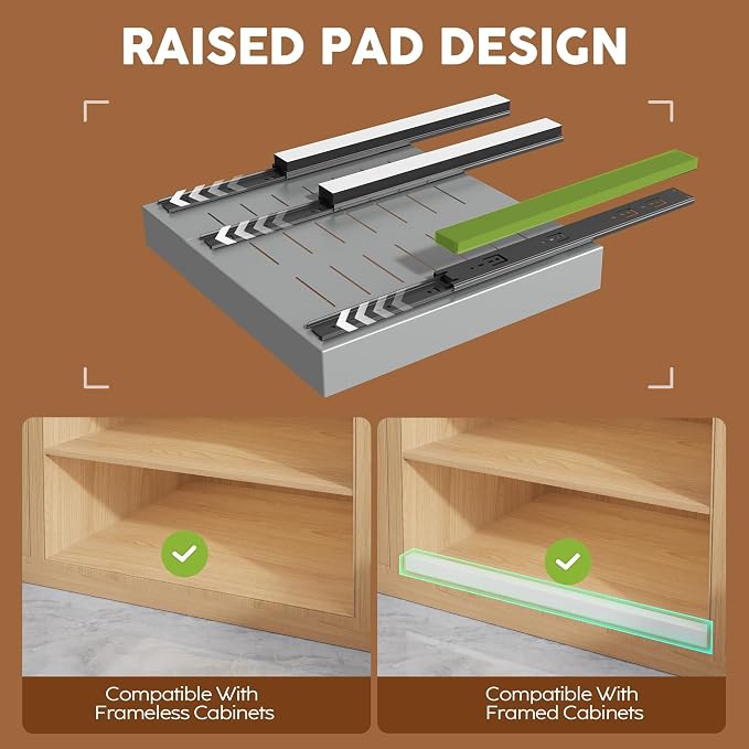 Seinloes 2 Pack Expandable Width (9"-14.1") Pull Out Cabinet Organizer 21" Deep with Raising Pad for Framed Cabinets, Upgrade 3 Slide Rails Slide Out Drawers, Roll Out Shelves Adhesive, Silver