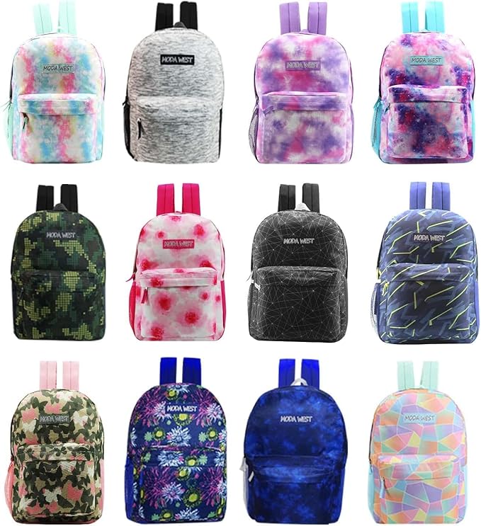 12-Pack 17” Sport Backpacks with 18 Piece School Supplies Kits - Pens, Pencils, Crayons – Bulk Bundle for Elementary, Middle, and High School Students, 12 Assorted Styles