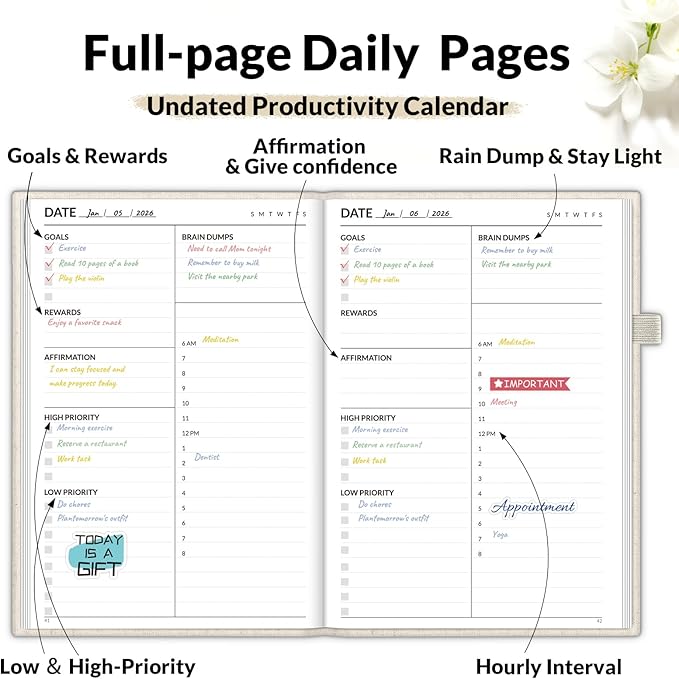 SUNEE Adhd Daily Planner for Adults,3-Month Undated Daily Weekly Monthly Planner for Productivity, Goal Setting, Time Management, Work & Life - for Men & Women,Vision Board + Stickers,Beige