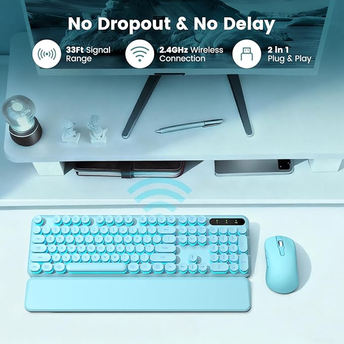Wireless Keyboard and Mouse Combo, Backlit Round Keycaps, Retro Typewriter Keyboard with Detachable Wrist Rest, Rechargeable & Tilt Legs, 2.4GHz Cordless Connection for Windows/PC (Glowing Turquoise)