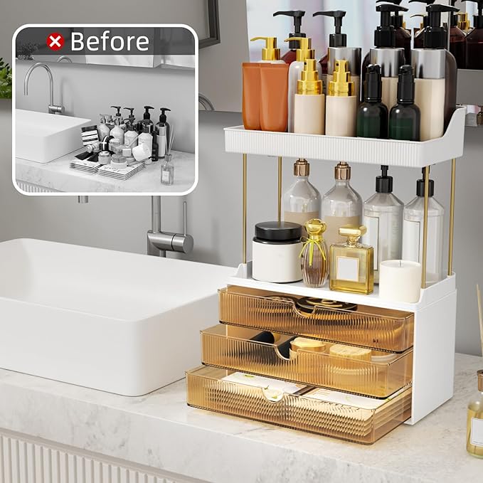 StorBin Arcylic 5-Tier Makeup & Skincare Organizer for Vanity, Bath, 2 Sets | Smooth 3 drawers, clear body, gold frame, non-slip, for perfumes, serums, face masks, palettes, vanity & bath counter,Amber