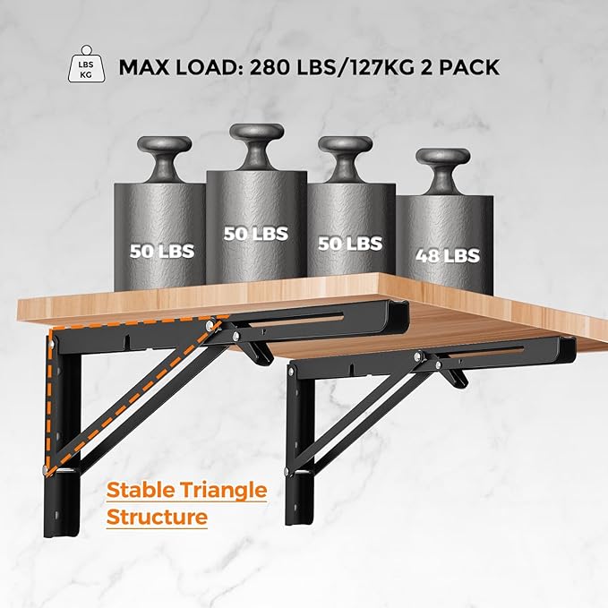 Ravinte 4 Pack 16 Inch Folding Shelf Brackets – Matte Black, Heavy Duty Collapsible Brackets for Tables and Benches – Space-Saving Design