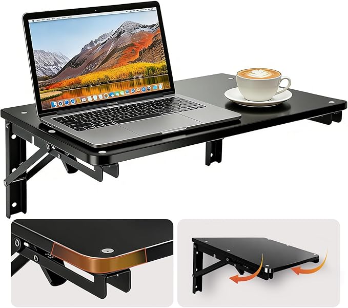 Folding Shelf Wall Mounted for Small Space, Black Wall Table for Living Room Bedroom Decor, Home Office Floating Fold Down Desk, Media Shelves with Heavy, 16.5"*11.8"