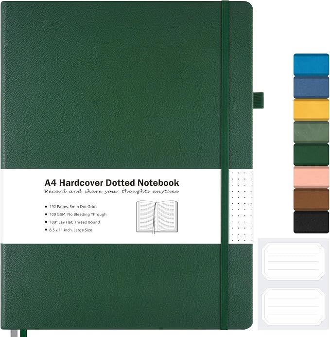 Dotted Journal, Hardcover Notebook 8.5 x 11, Dot Grid Notebook Journal for Women, Men, Large Leather Journals for Writing, Bullet, No Bleed Thick Paper, A4 Notebooks for Work, School, Notes, Green