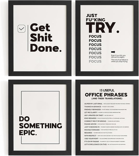 DSHFG Funny Motivational Office Pictures Wall Art Decor Prints Set of 4, Motivational Wall Art Decor Trendy Retro Posters Prints for Office Home Decor, 8x10 Unframed