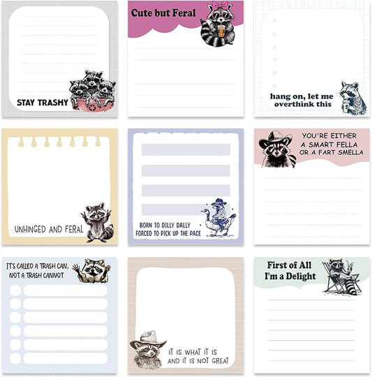 Funny Sticky Notes Gifts - 9 Pack Funny Raccoon Notepads 3x3 Inches, Raccoon Work Gag Gifts for Women Men, Animal Themed Memo Pads School Office Supplies for Coworkers Students (450 Sheets)