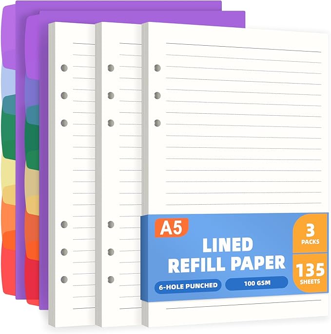 Antner A5 Lined Refill Paper 6 Hole Planner Inserts for A5 6 Ring Binder, 135 Sheets Wide Ruled Lined Filler Paper Loose Leaf Refills with 12PCS Binder Dividers for Refillable Notebook, Bullet Journal