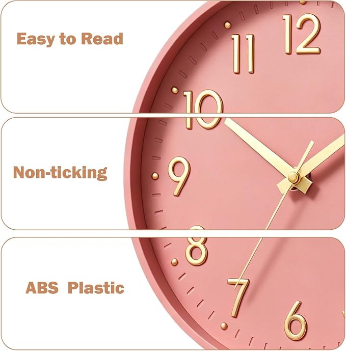 Mosewa 12 Inch Wall Clock Battery Operated Silent Non Ticking Analog | Pink Gold modern clock; oversized 3D easy-read dial for kitchen, bedroom & office; 1 AA battery (not included)