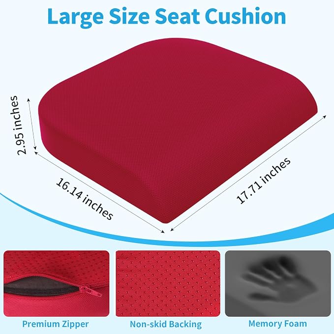 TranquilRelax Large Seat Cushion, Memory Foam Cushion for Long Sitting Hours on Office Chair, Home & Car, Non-Slip Chair Pad for Relieving Back & Sciatica & Hip & Coccyx Pain (Red)