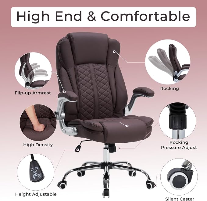 400lbs Executive Office Chair with Flip-Up Armrests, Big and Tall Computer Chair for Heavy People, Heavy Duty Ergonomic Comfy Chair, Breathable PU Leather (Darkbrown)