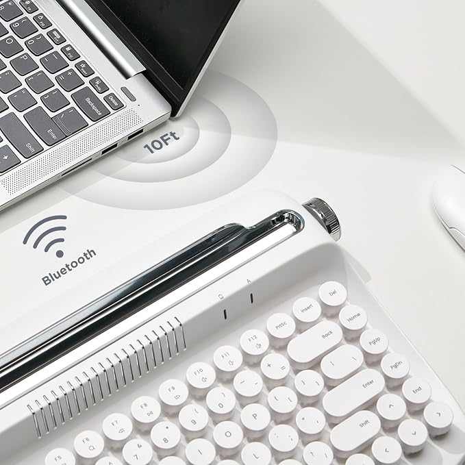 YUNZII ACTTO B303 Wireless Keyboard, Retro Bluetooth Aesthetic Typewriter Style Keyboard with Integrated Stand for Multi-Device (Snow White, B303)