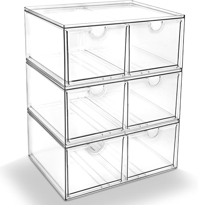 Prsildan Stackable Clear Makeup Organizer, 3 Pack Acrylic Storage Drawers with 6 Drawers for Vanity Bathroom Office Desk Modular Drawer System for Cosmetics Jewelry Toiletries Home Organization
