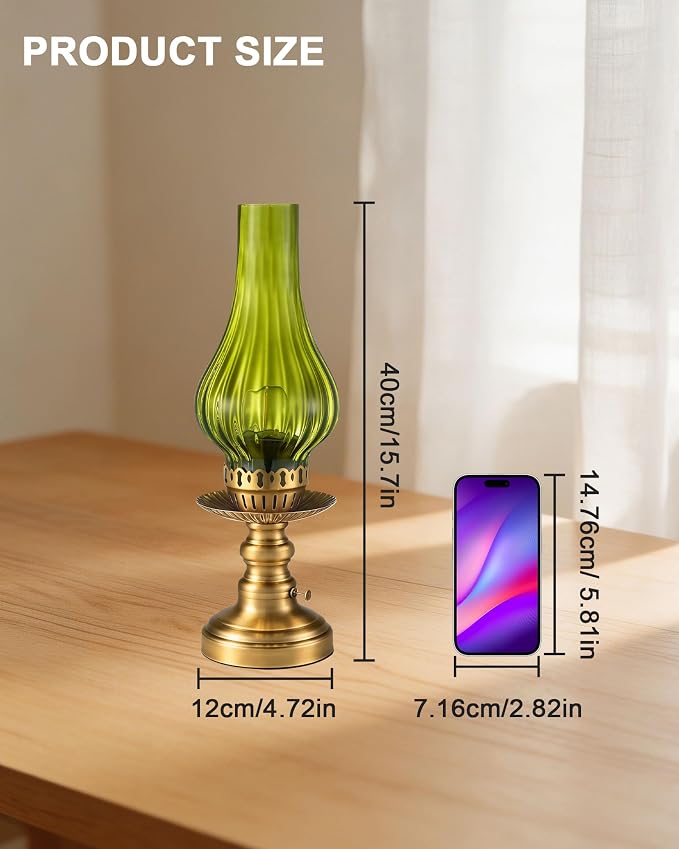 UMEXUS Vintage Small Cordless Table Lamp, Rechargeable Battery Powered | Touch Control Dimmer, Green Glass Shade & Gold Base Ambient Lighting, Home Decor for Bedroom Living Room Kitchen Nightstand