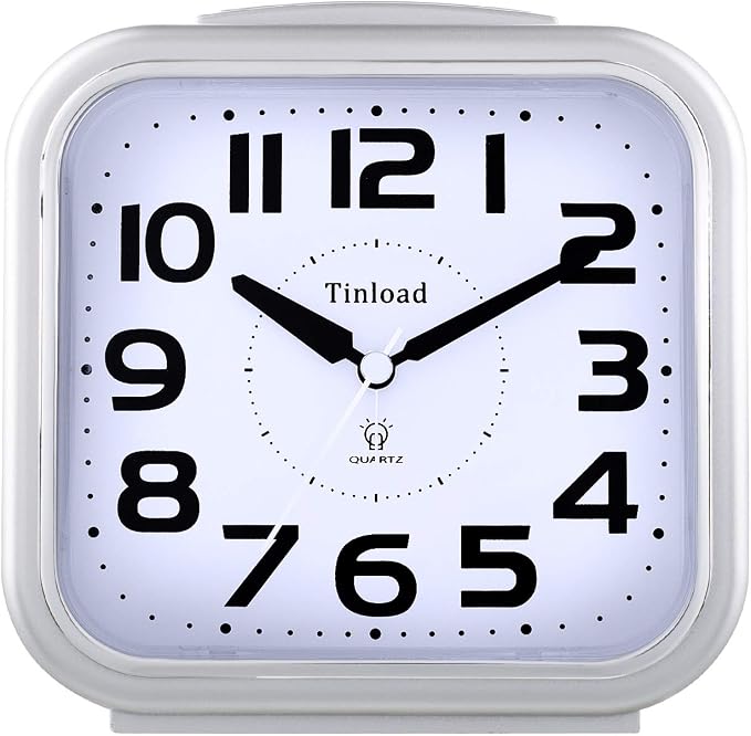 Tinload 5.5" Large Analog Alarm Clock Silent Non Ticking, Gentle Wake, Beep Sounds, Increasing Volume, Battery Operated Snooze and Manual Light, Easy Set, Silver