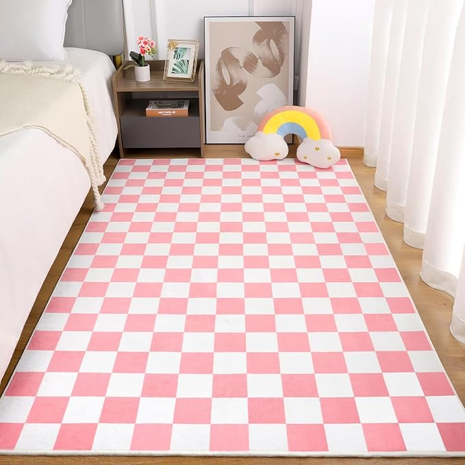 Terrug Pink and White Checkered Rug for Bedroom,3x5 Area Rugs Washable with Non Slip for Living Room,Soft Low Pile Stain Resistance Retro Carpet for Dorm Kids Room