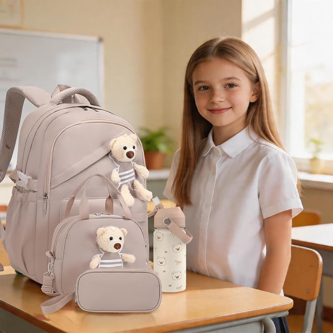 ACESAK Backpack for Girls with Insulated Water Bottle - 4 PCS Cute Girls Backpack with Lunch Box, Pencil Case & Kids Cup Set - 14oz Kids Water Bottle with Straw Set Back to School Supplies (Khaki)