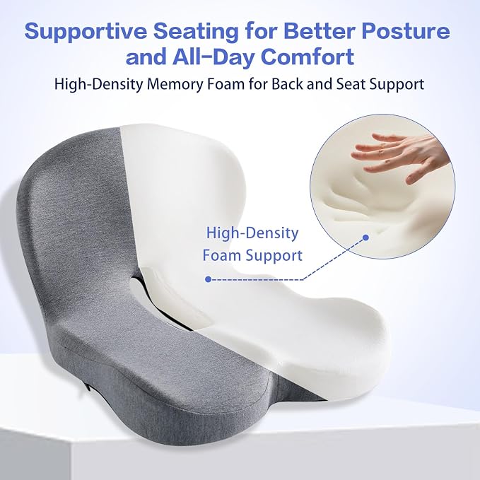 Back and Seat Cushion for Office Chair, Light Grey | Wide ergonomic memory foam, coccyx cutout & adjustable straps, tailbone & back relief, non-slip for car, home & gaming