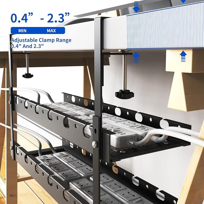 31Inch Extendable Under Desk Cable Management Tray Multi-Model Metal Cable Management Tray Under Desk Cord Management with Clamp Power Strip Cord Holder for Wire Cable Management