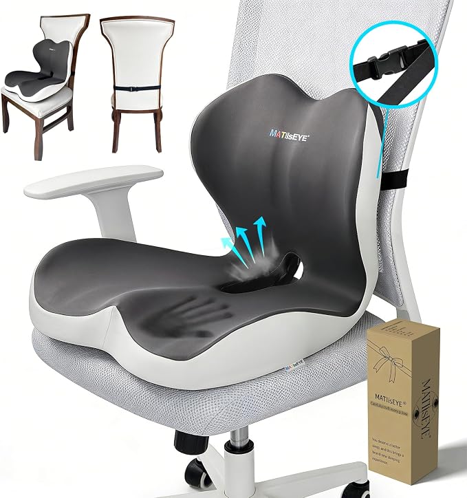 Ergonomic Memory Foam Seat Cushion with Strap for Office Chair, Double Grey | Contoured coccyx cutout supports back and butt, with a non-slip base and washable cover for office chairs and cars.