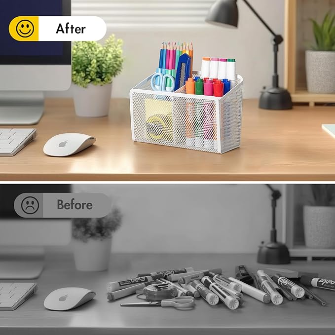 BEYGORM Magnetic Dry Erase Marker Holder for Whiteboard, Mesh Pen & Pencil Holder for Refrigerator, Strong Magnetic Basket for School Locker, Office & Classroom Organizer (White, 1-Pack)