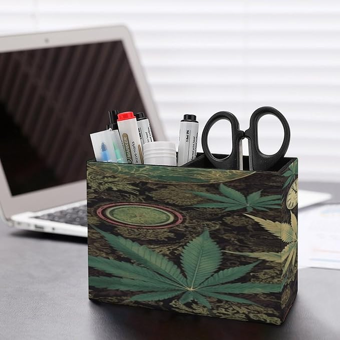 A Puff in Time Weed Marijuana Leather Pen Holder Exquisite Leather Pen Cup Pen Container Multifunctional Desktop Storage Box Round Pencil Cup Organizer for Office Home Desk Decor