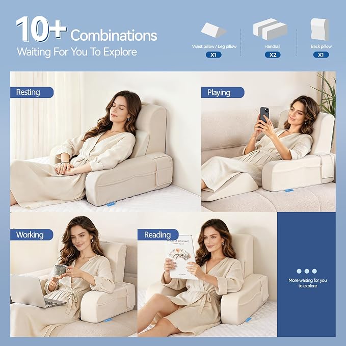 Kayfia Reading Pillow, Gel Memory Foam Back Rest Pillow, 21'', Ivory | 3 Storage Pockets, Dual-Use Back Leg Support Pillow, Detachable Armrests, Ideal for Reading, Gaming, Working on Bed & Couch