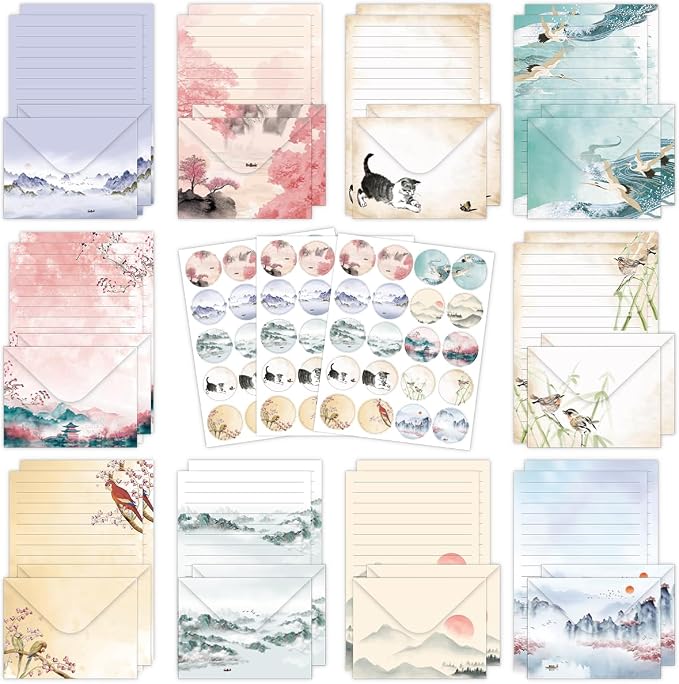 FUNCLASS 160 Pcs Stationery Set Letter and Envelopes – 50 Lined Stationery Paper and 50 Matching Envelopes, 5.5 x 8.25 Inches Letter Writing Stationery for Home, Office, School (Ink wash)