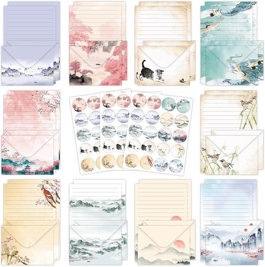 FUNCLASS 160 Pcs Stationery Set Letter and Envelopes – 50 Lined Stationery Paper and 50 Matching Envelopes, 5.5 x 8.25 Inches Letter Writing Stationery for Home, Office, School (Ink wash)