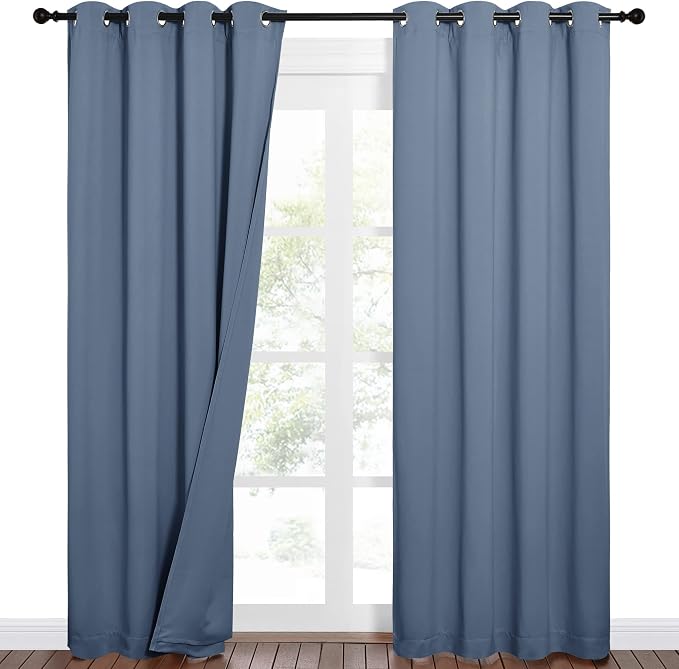 NICETOWN Sound Barrier 100% Blackout Divider Curtains 84", Noise, Heat and Cold Blocking Drapes with Felt Fabric Lining for Nursery/Daytime Sleep/Bedroom (Stone Blue, 2 PCs, 52" Wide)
