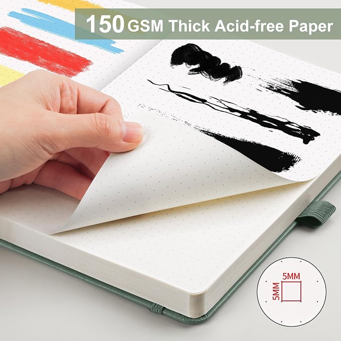 AHGXG Dotted Journal - 150 GSM Dot Grid Notebook Journal, Thick Acid-Free Paper, A5 Dotted Notebook 128 Pages, Leather Hardcover, Inner Pocket, Journal Stencil, 5.7'' × 8.3'', Sage Green