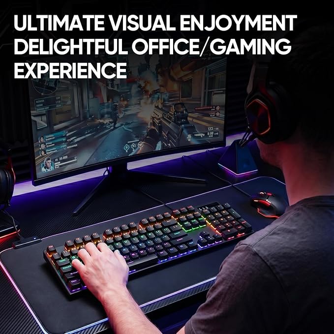 Guiheng Wired Mechanical Gaming Keyboard with Blue Switch, 104-Key Full Size RGB Backlit Wired Keyboard, Anti-Ghosting, Double-Shot ABS Keycaps, Lighted Computer Keyboard for PC Windows-Black