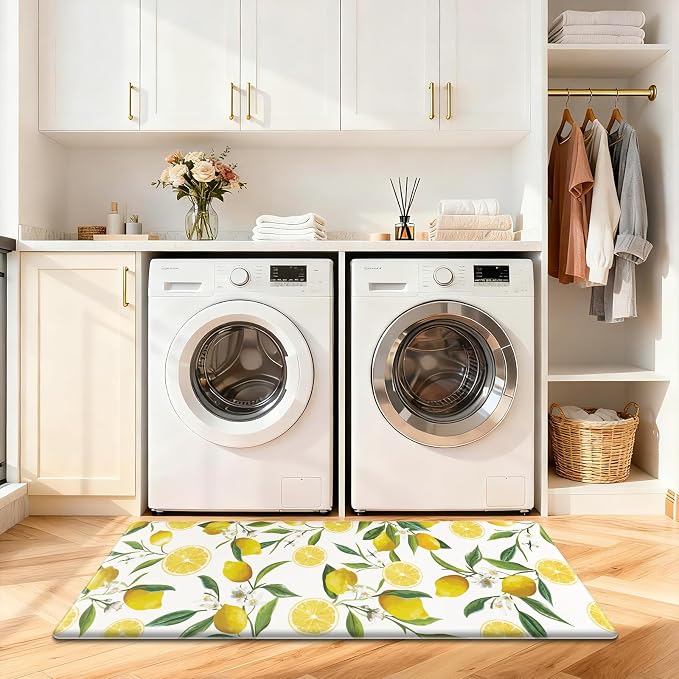 SHACOS Anti Fatigue Lemon Kitchen Rug Runner 17"x47" Kitchen Mats for Floor Non Slip Soft Cushioned Standing Mat Wipeable Waterproof Floor Mat, White