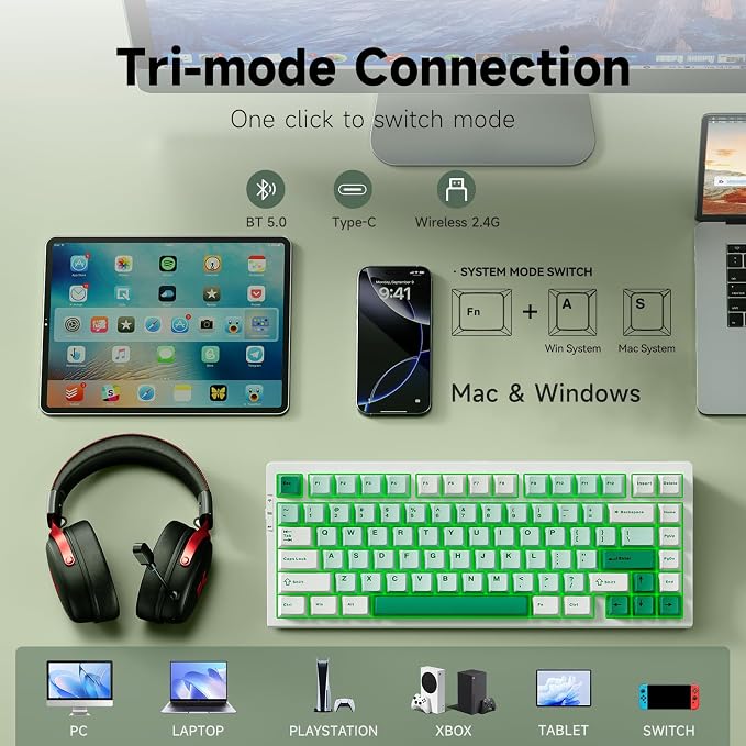MCHOSE G75 PRO 75% Wireless Mechanical Keyboard, TKL Keyboards Tri-Mode BT5.0/2.4GHz/USB-C, Hot Swap Custom Creamy Keyboards Linear Switch, Double Shot PBT Keycaps RGB LED Backlit, White&Green