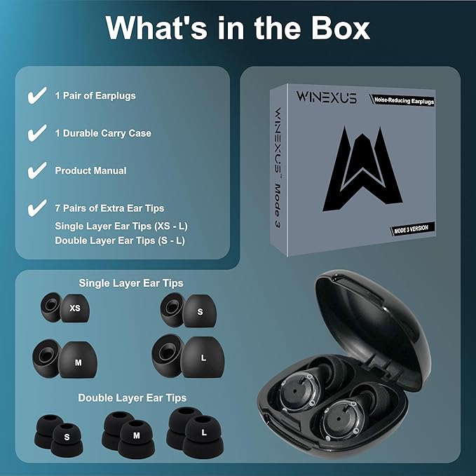 Winexus Adjustable Noise Reducing Ear Plugs for Focus, Travel, Concerts, Festivals & More – Reusable Silicone Earplugs with 3 Modes (17–35dB), 7 Ear Tip Sizes & Magnetic Carry Case, Black
