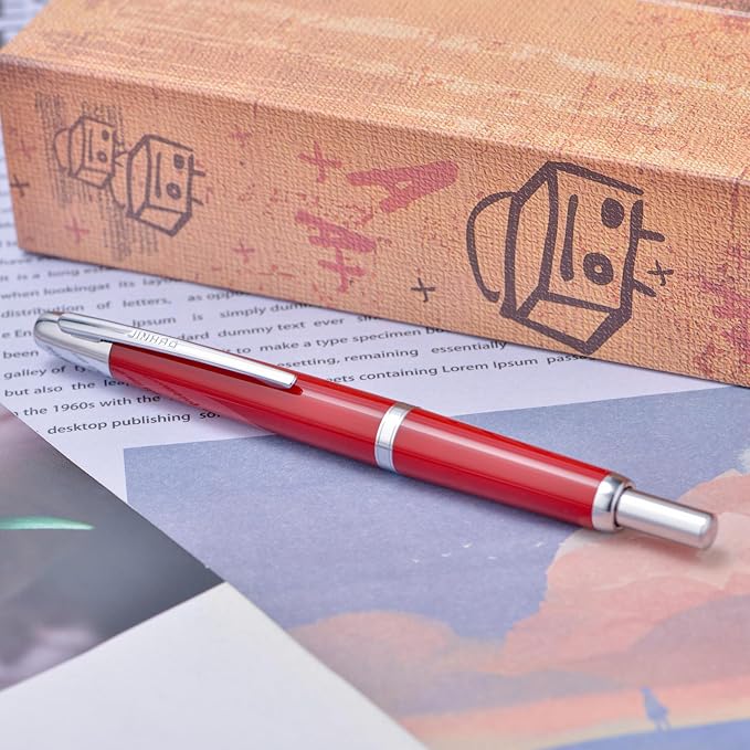 Jinhao 20 Press Fountain Pen, Palace Red Retractable Medium Nib with Ink Converter Set (Silver Clip)